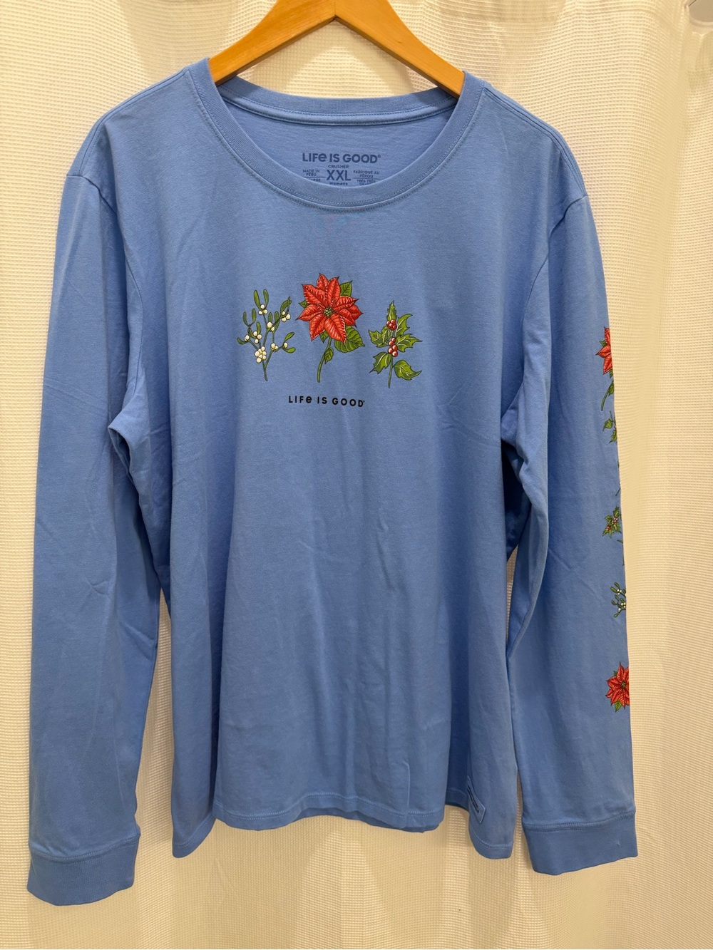 Life Is Good Light Blue Long-Sleeve Tee with Red Floral Chest and Sleeve Print - Picture 1 of 6